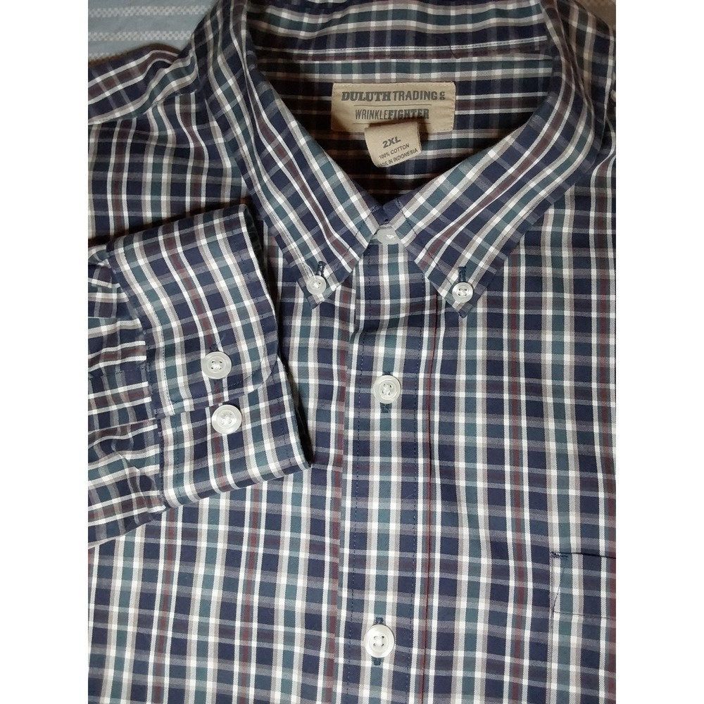 Duluth Trading Men's Shirt 2XL Wrinkle Fighter Blue‎ & Green Check Button Down